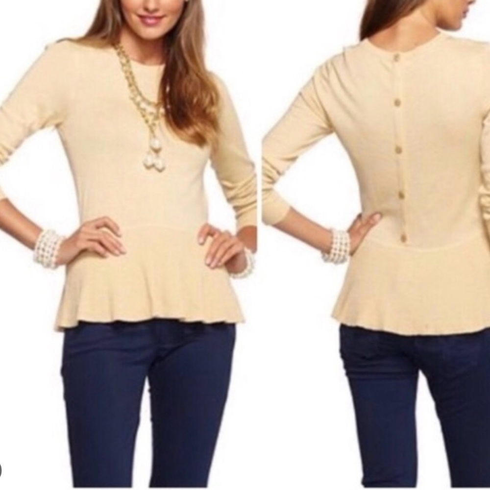 Lilly Pulitzer Aurora Tan Peplum Sweater - Tan/Beige Lightweight Wool Blend Top